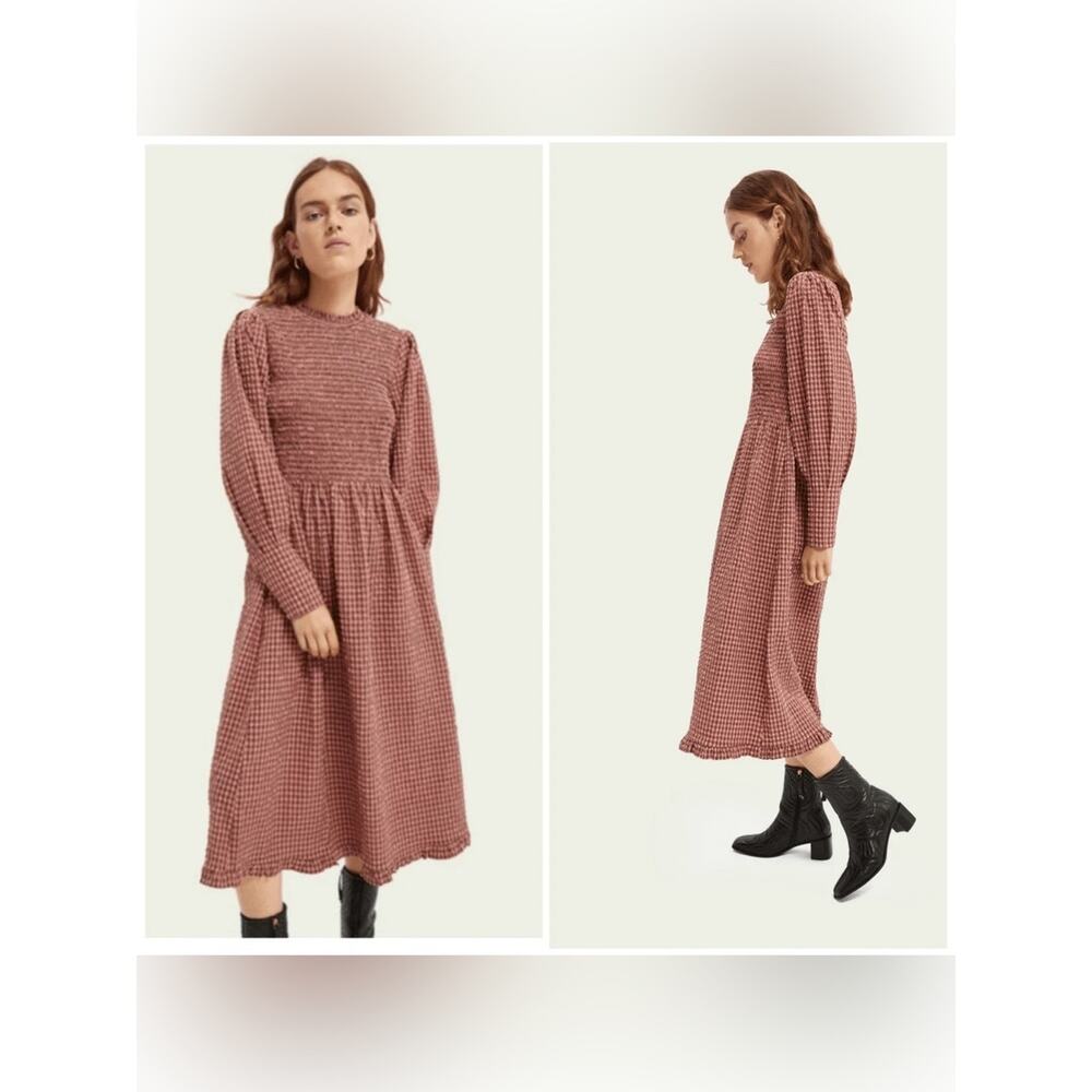 Scotch & Soda Smocked Seersucker Gingham Cottagecore Midi Dress - Size M - Picture 2 of 9